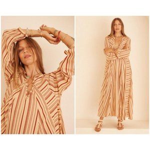NATALIE MARTIN Fiore Maxi Dress ~ 100% Silk Thin Stripe Cocoa Butter Large